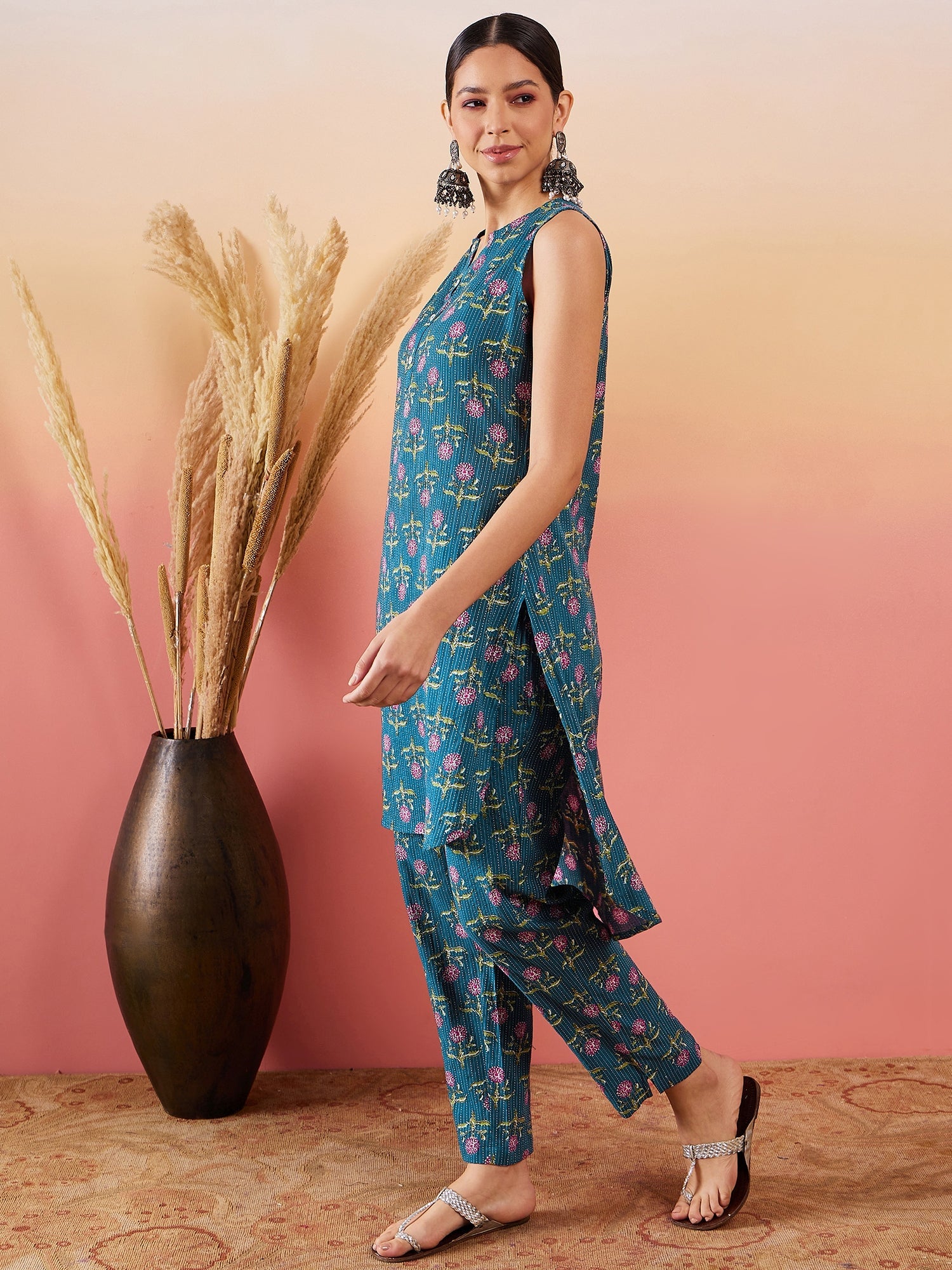 InWeave Teal Kantha Mandarin Kurta Set - Distacart