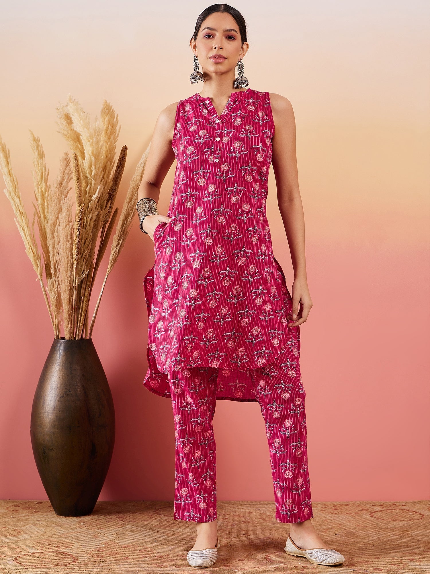 InWeave Red Kantha Print Mandarin V Neck Button Kurta Pant Set - Distacart