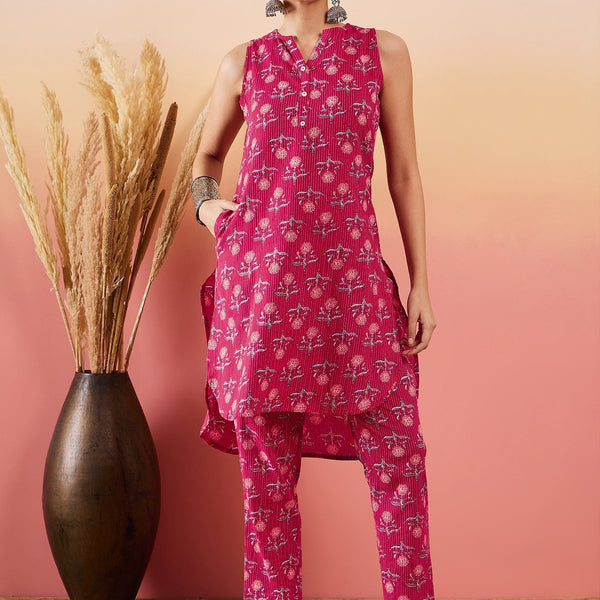 InWeave Red Kantha Print Mandarin V Neck Button Kurta Pant Set - Distacart