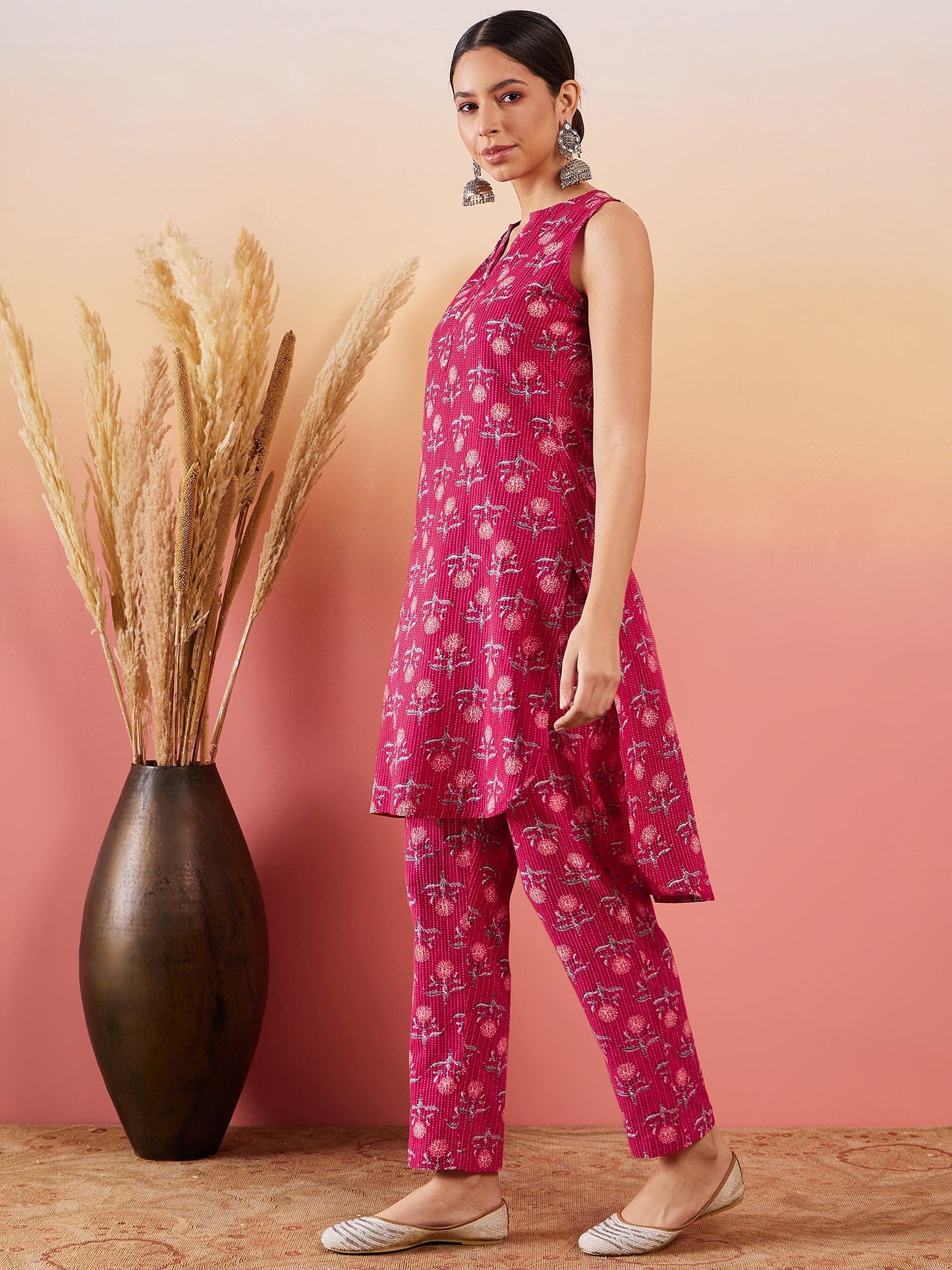 InWeave Red Kantha Print Mandarin V Neck Button Kurta Pant Set - Distacart