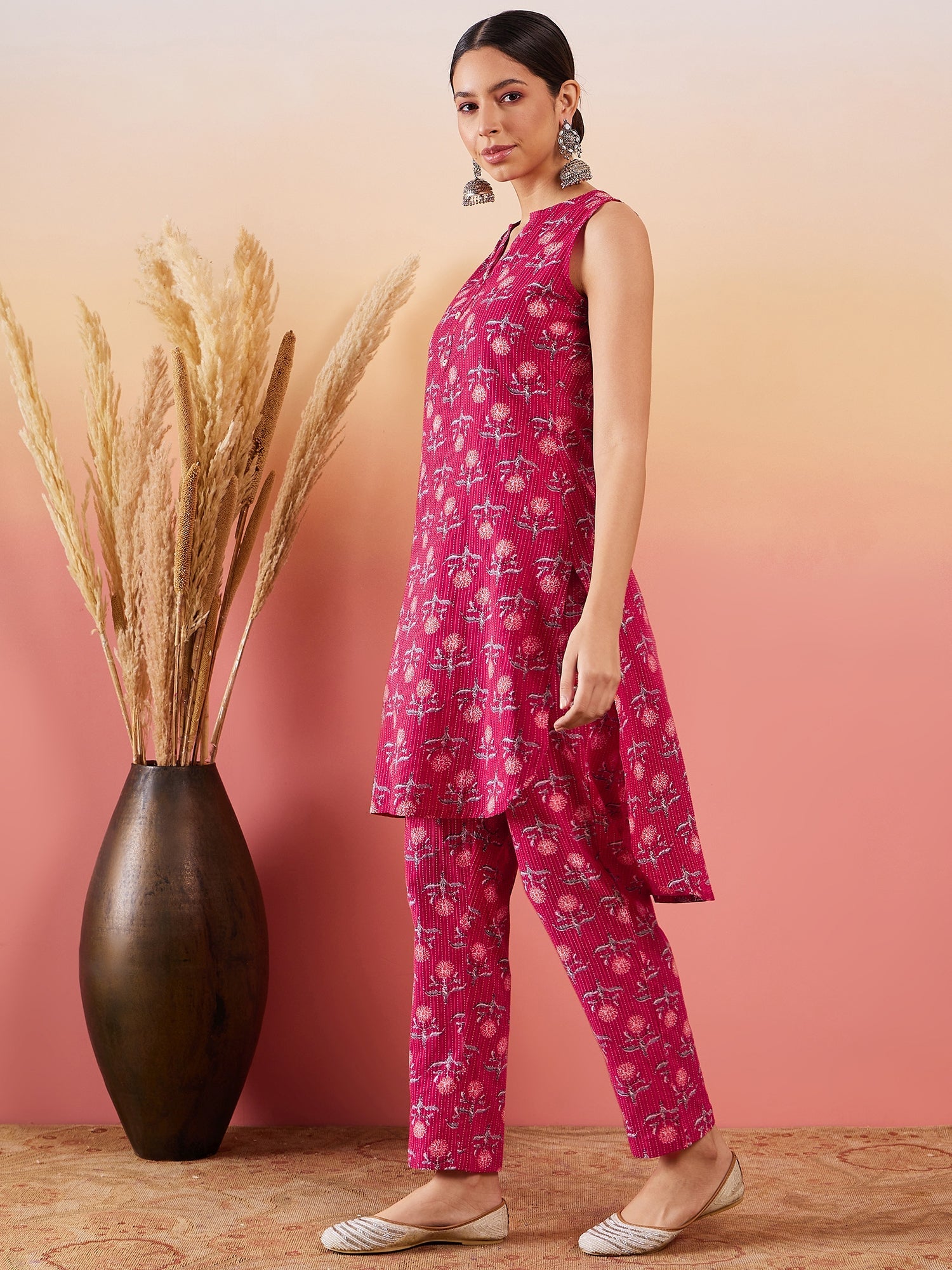 InWeave Red Kantha Print Mandarin V Neck Button Kurta Pant Set - Distacart