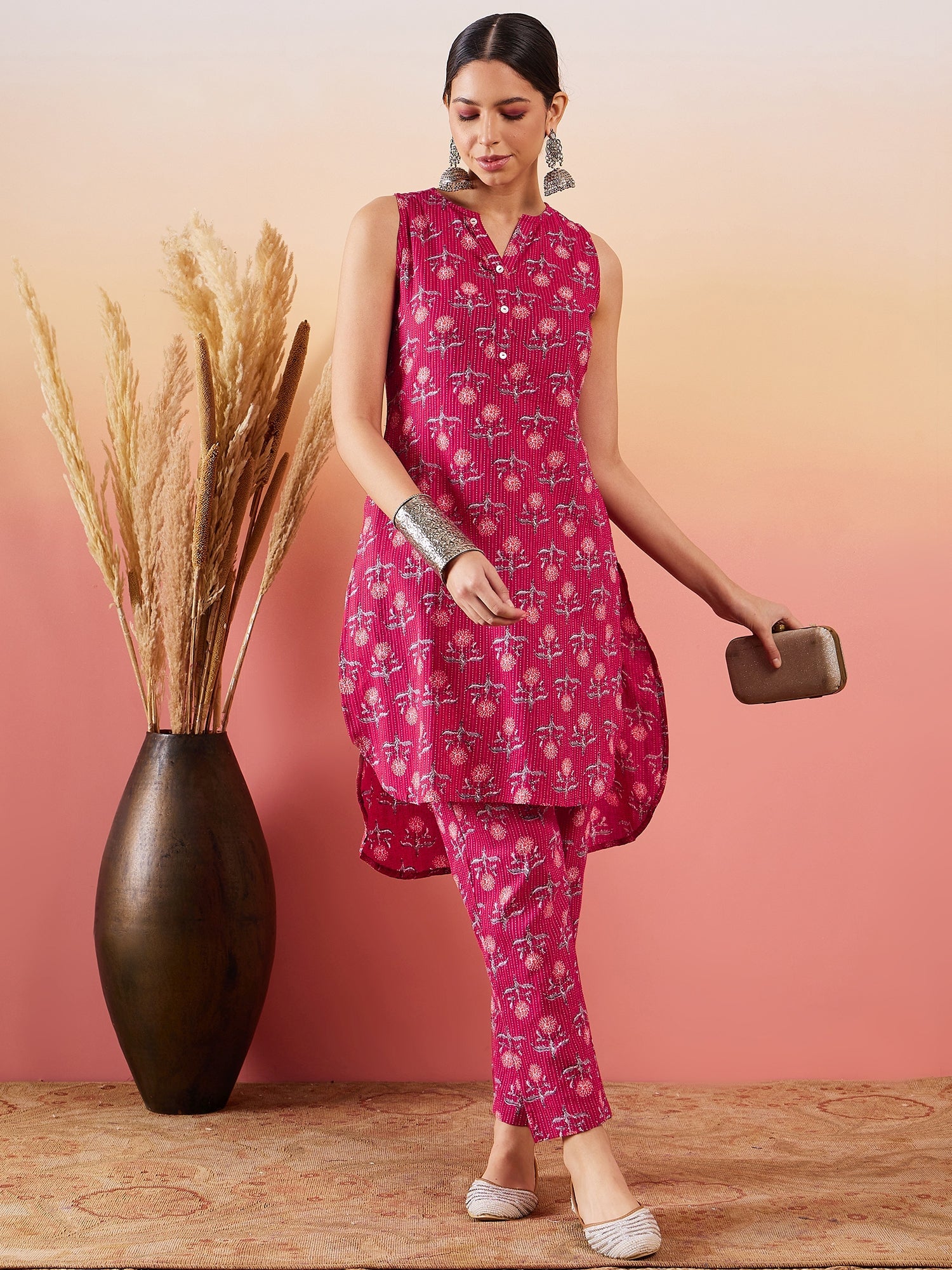 InWeave Red Kantha Print Mandarin V Neck Button Kurta Pant Set - Distacart