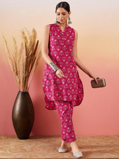 InWeave Red Kantha Print Mandarin V Neck Button Kurta Pant Set - Distacart