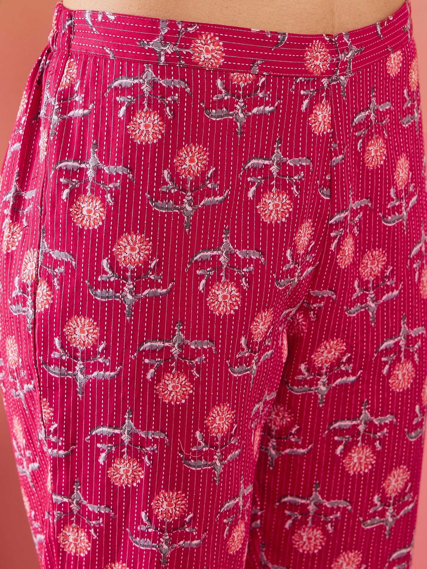 InWeave Red Kantha Print Mandarin V Neck Button Kurta Pant Set - Distacart