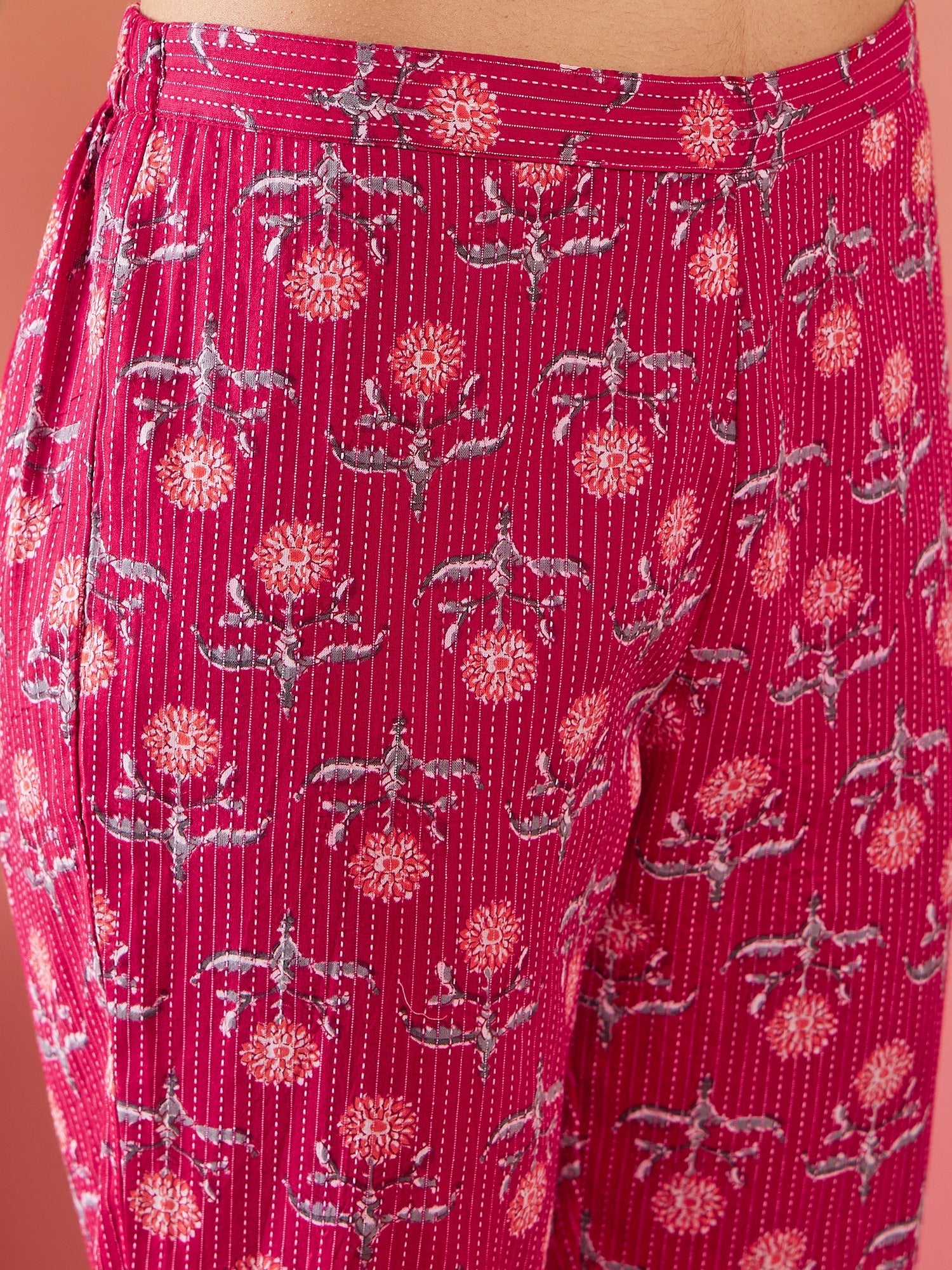 InWeave Red Kantha Print Mandarin V Neck Button Kurta Pant Set - Distacart