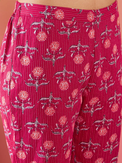 InWeave Red Kantha Print Mandarin V Neck Button Kurta Pant Set - Distacart