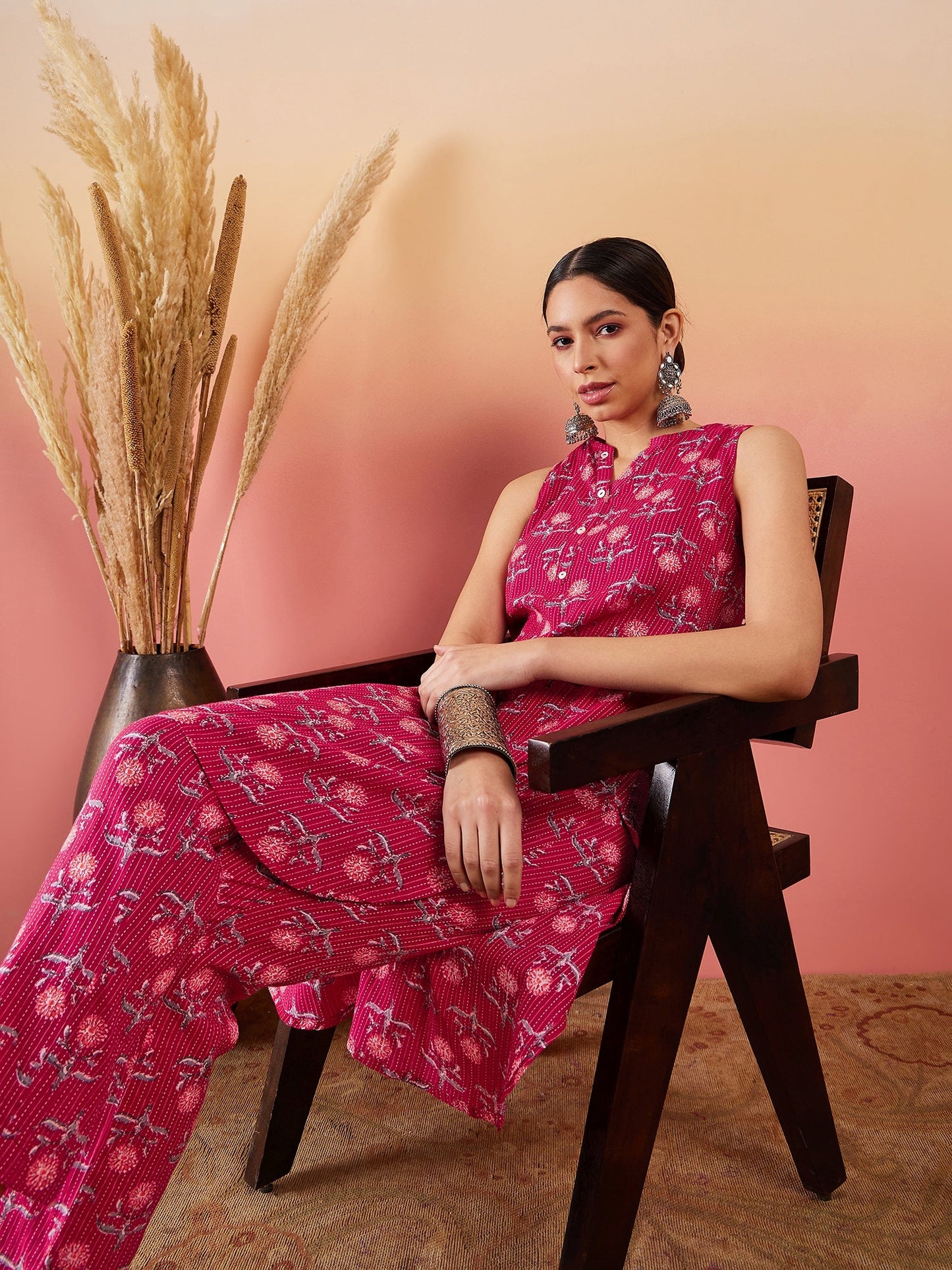 InWeave Red Kantha Print Mandarin V Neck Button Kurta Pant Set - Distacart