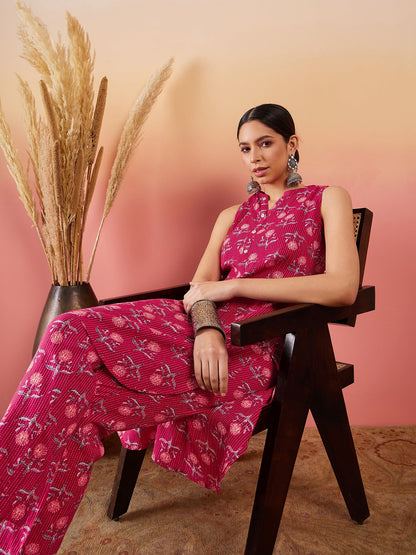 InWeave Red Kantha Print Mandarin V Neck Button Kurta Pant Set - Distacart