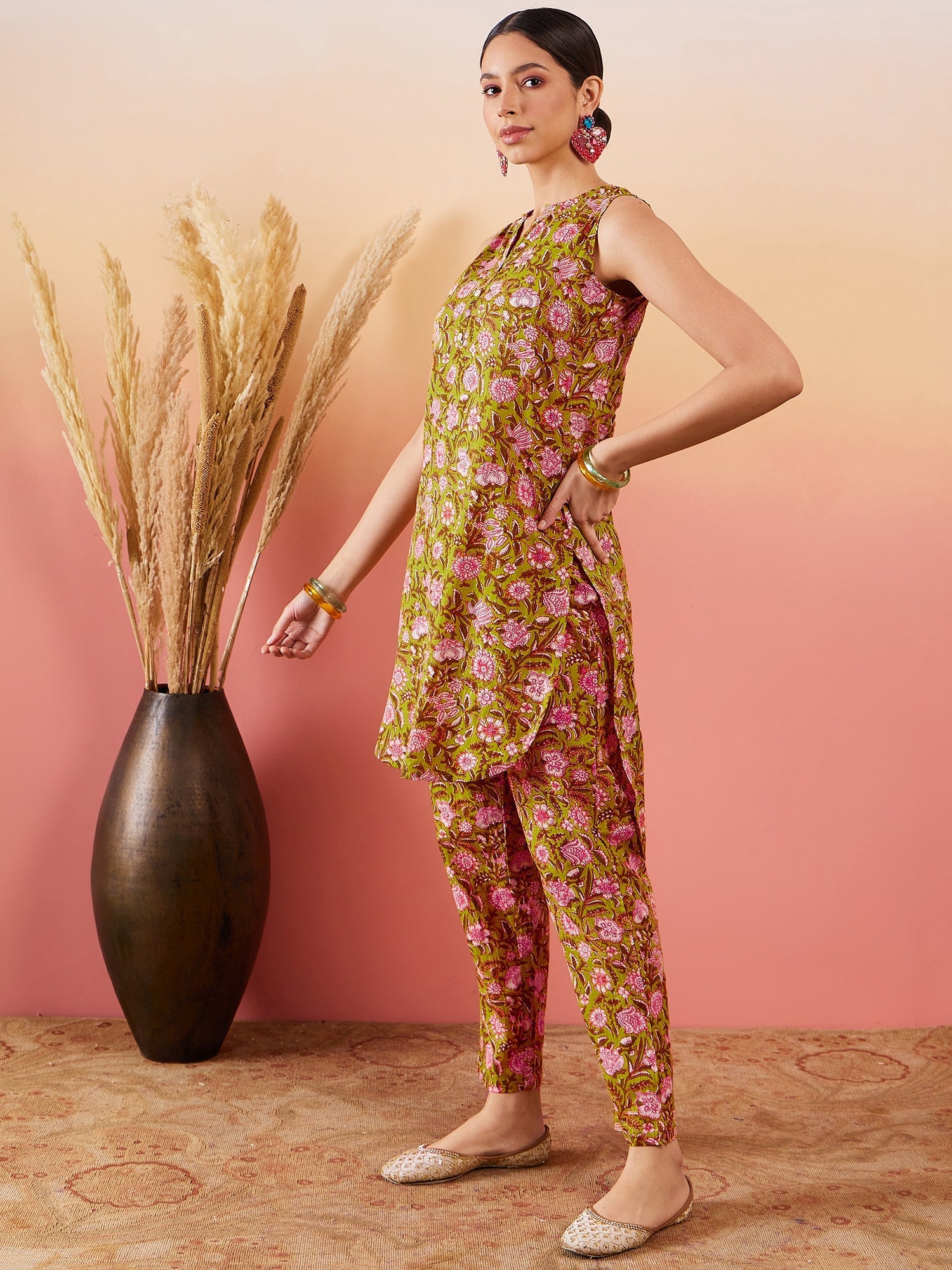 InWeave Lime Green Lurex Print Mandarin V Neck Button Kurta Pant Set - Distacart