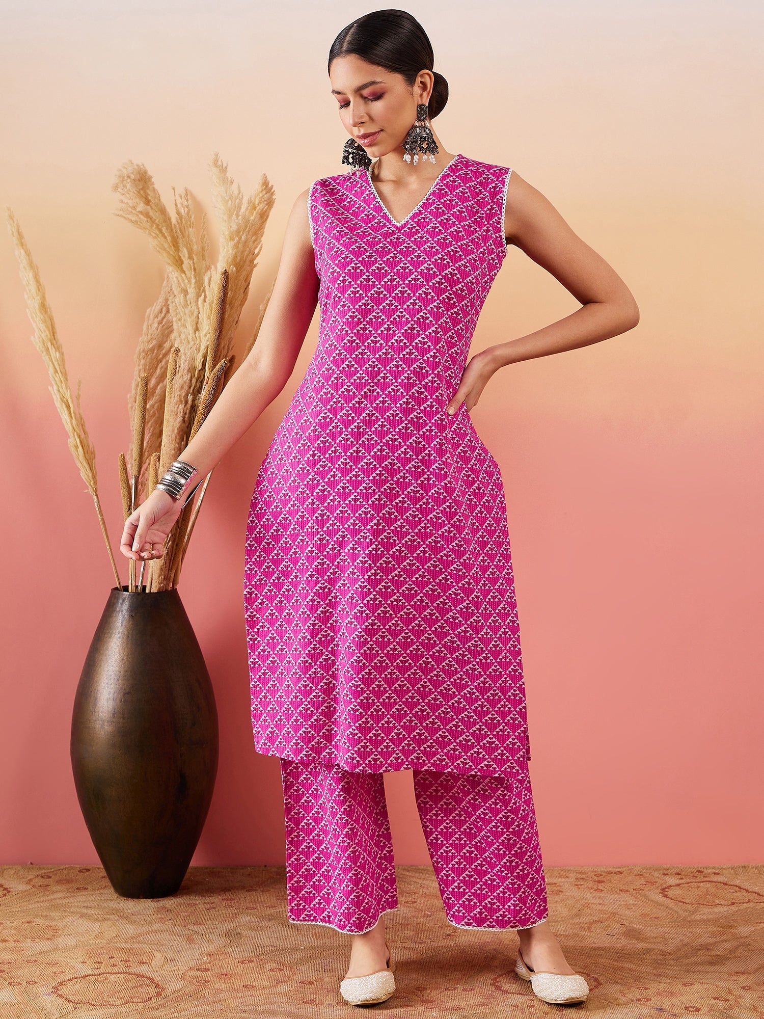 InWeave Pink Pyramid Kantha V Neck Lace Work Kurta Palazzo Set - Distacart