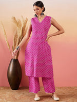 Thumbnail for InWeave Pink Pyramid Kantha V Neck Lace Work Kurta Palazzo Set