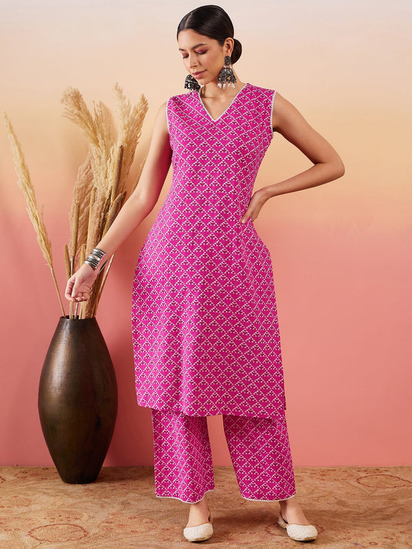 InWeave Pink Pyramid Kantha V Neck Lace Work Kurta Palazzo Set