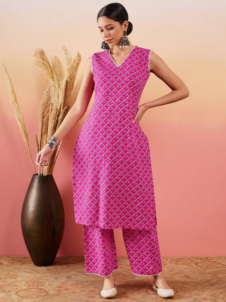 InWeave Pink Pyramid Kantha V Neck Lace Work Kurta Palazzo Set
