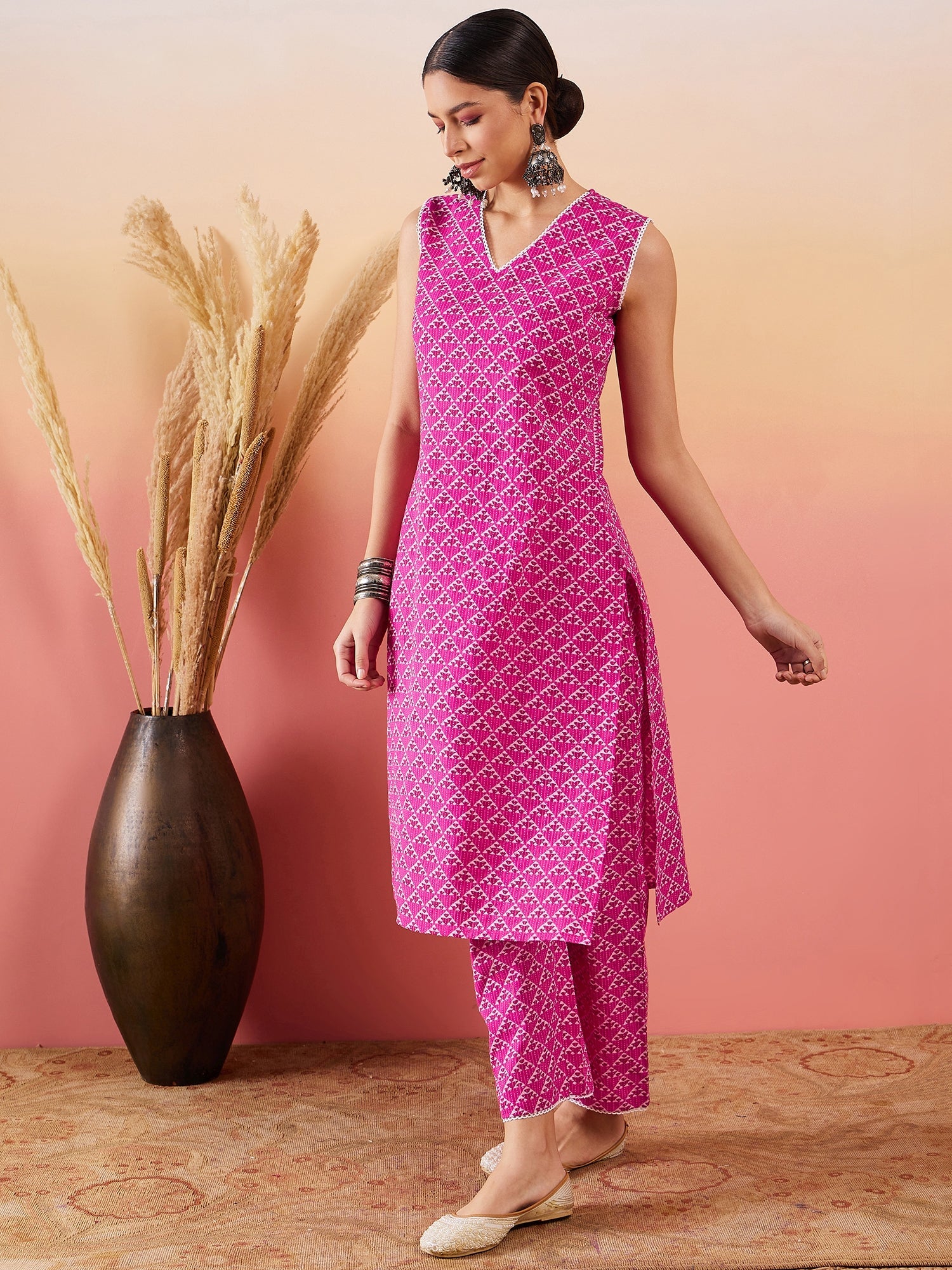 InWeave Pink Pyramid Kantha V Neck Lace Work Kurta Palazzo Set - Distacart