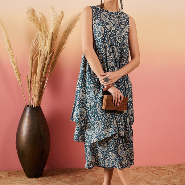 InWeave Slate Grey Paisley Round Neck Kurta Short Palazzo Set - Distacart