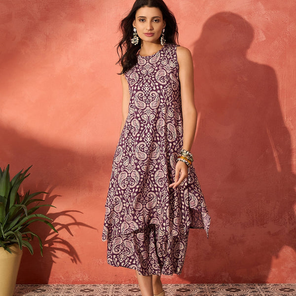 InWeave Dusty Mauve Paisley Round Neck Kurta Short Palazzo Set - Distacart