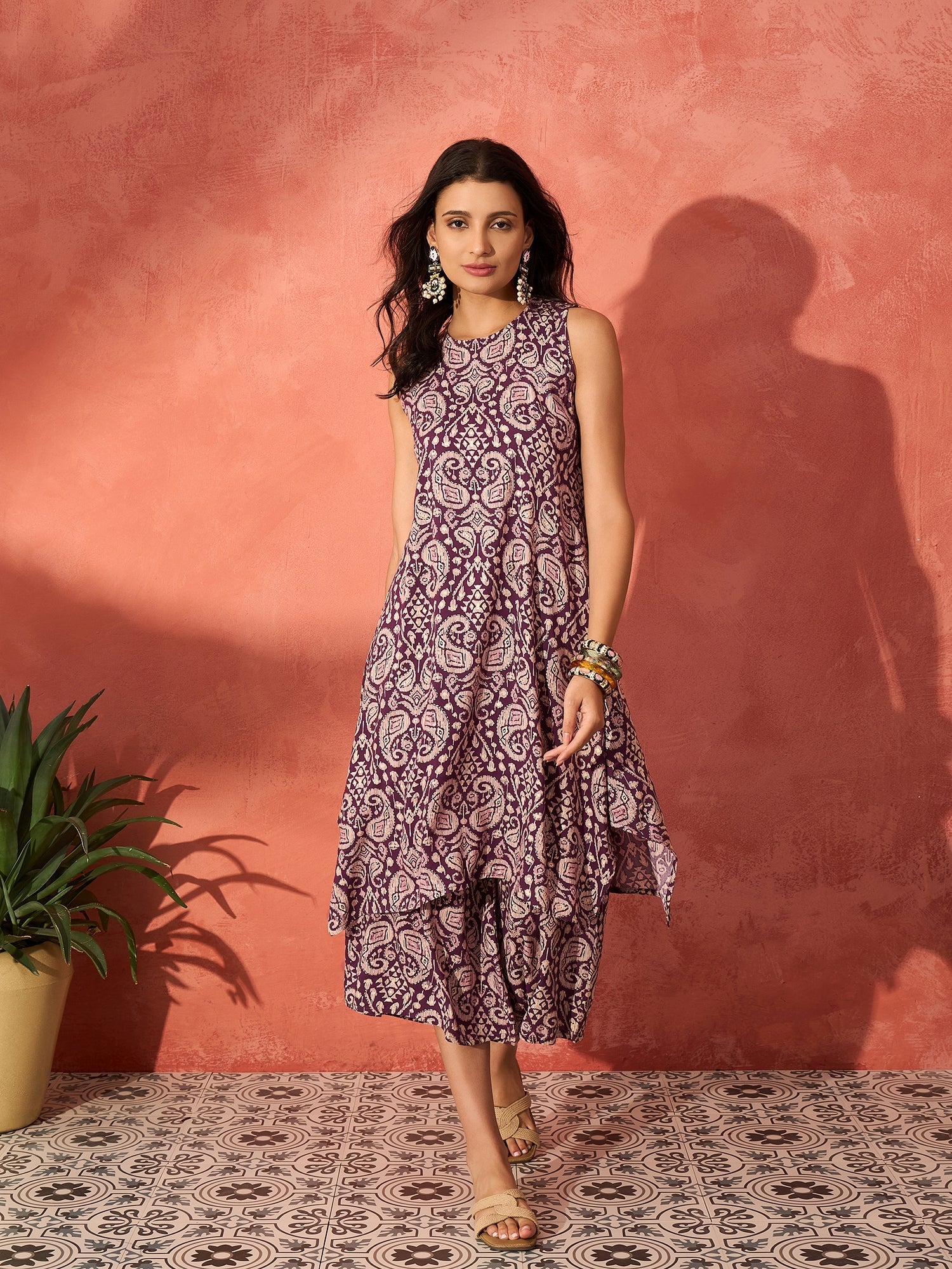 InWeave Dusty Mauve Paisley Round Neck Kurta Short Palazzo Set - Distacart