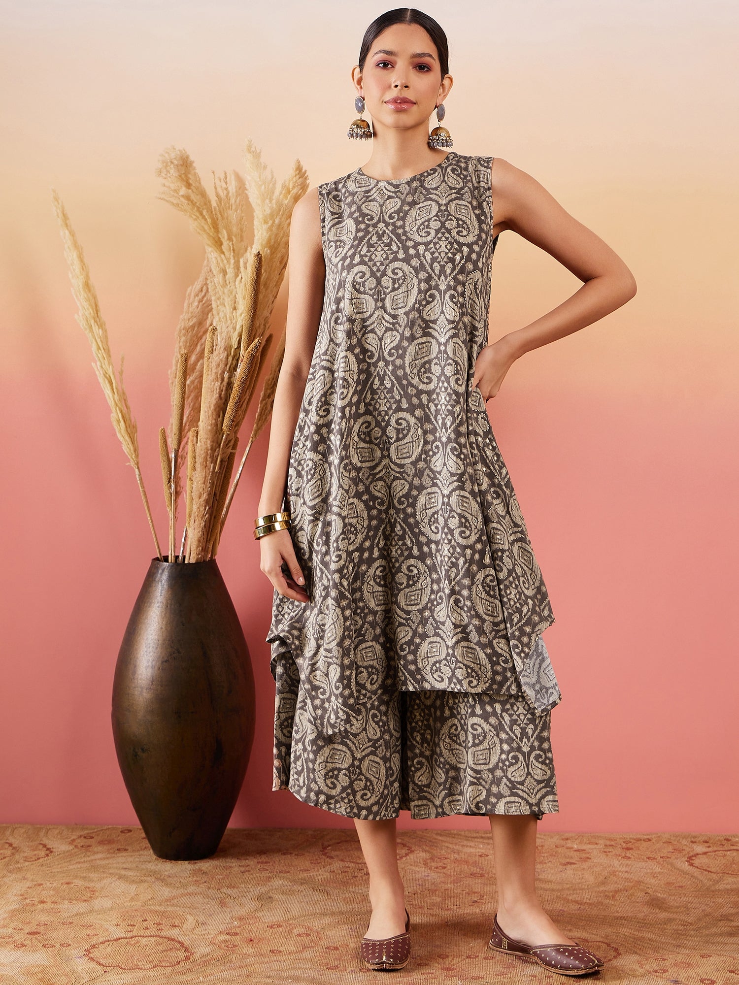 InWeave Dull Brown Paisley Round Neck Kurta Short Palazzo Set