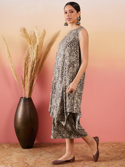 InWeave Dull Brown Paisley Round Neck Kurta Short Palazzo Set - Distacart