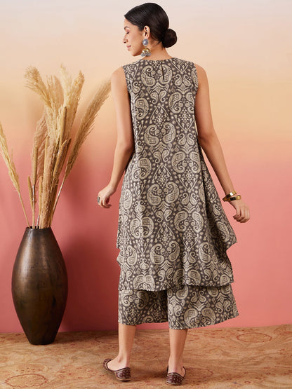 InWeave Dull Brown Paisley Round Neck Kurta Short Palazzo Set - Distacart