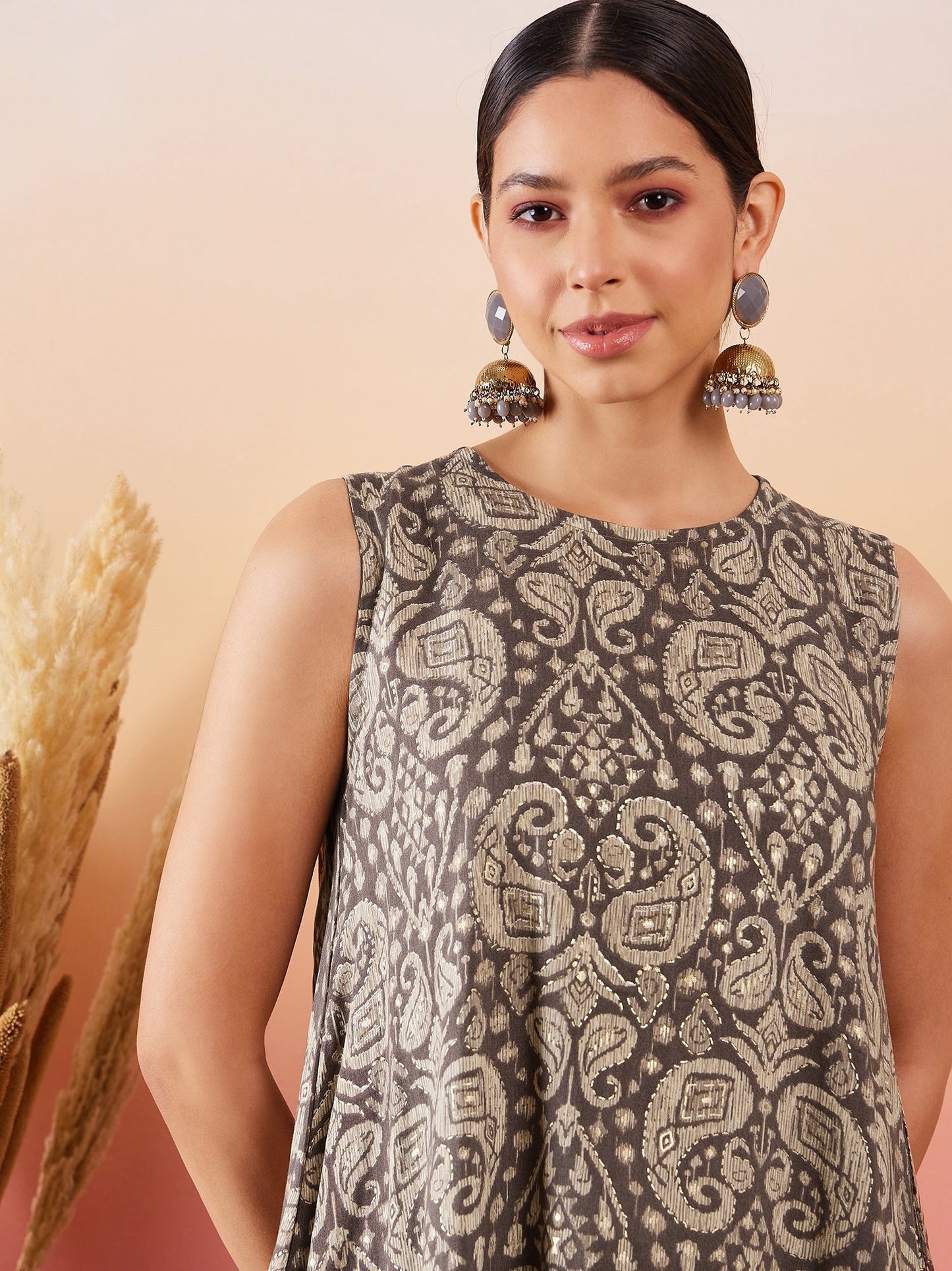 InWeave Dull Brown Paisley Round Neck Kurta Short Palazzo Set - Distacart