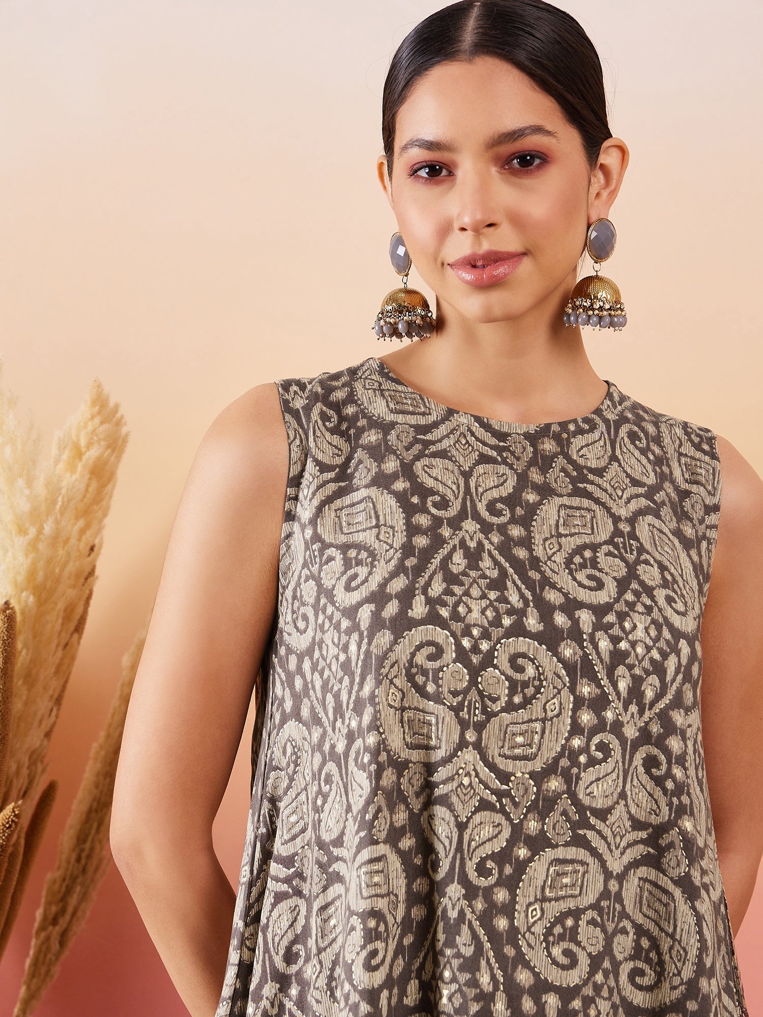 InWeave Dull Brown Paisley Round Neck Kurta Short Palazzo Set - Distacart