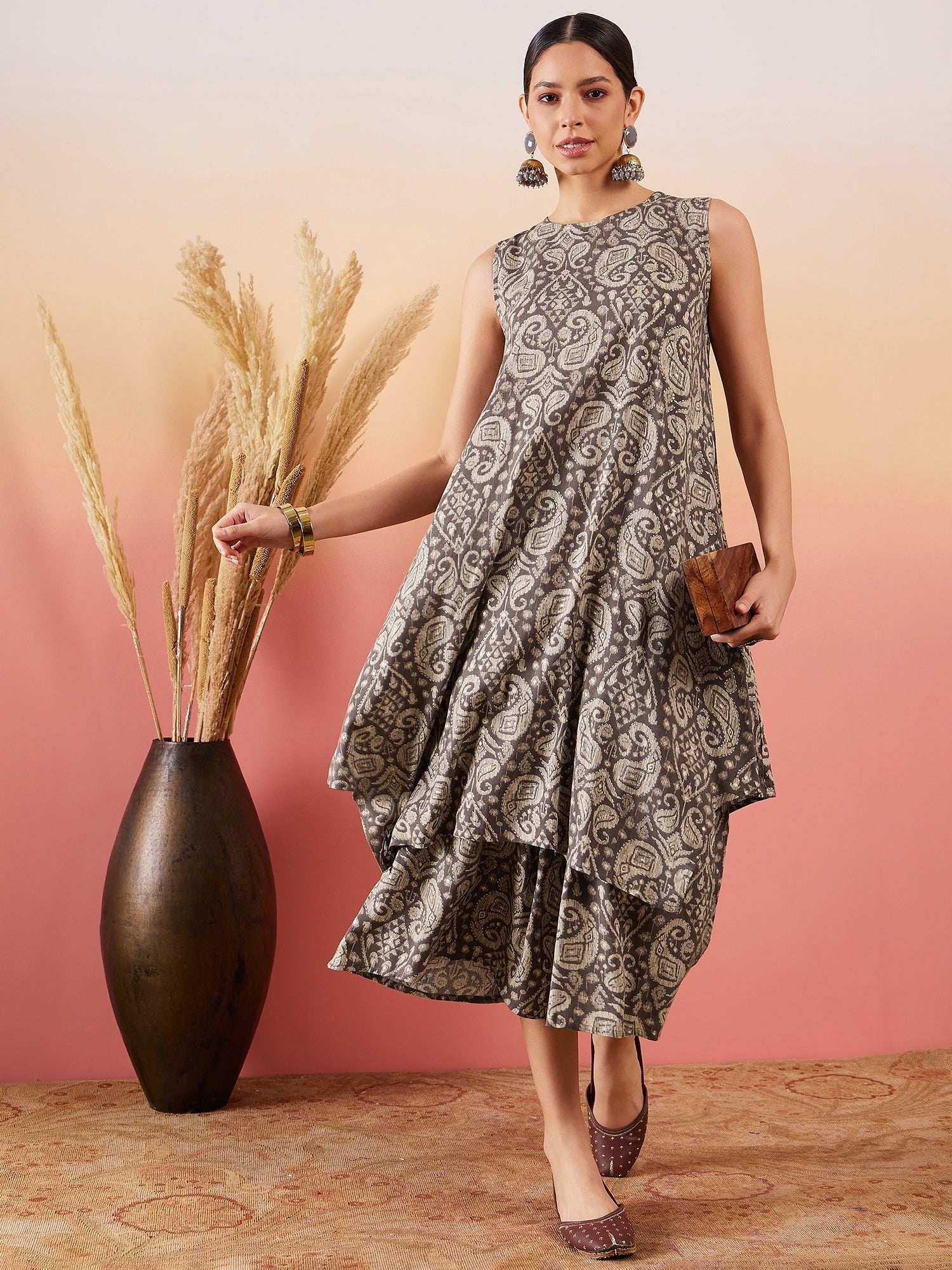 InWeave Dull Brown Paisley Round Neck Kurta Short Palazzo Set - Distacart