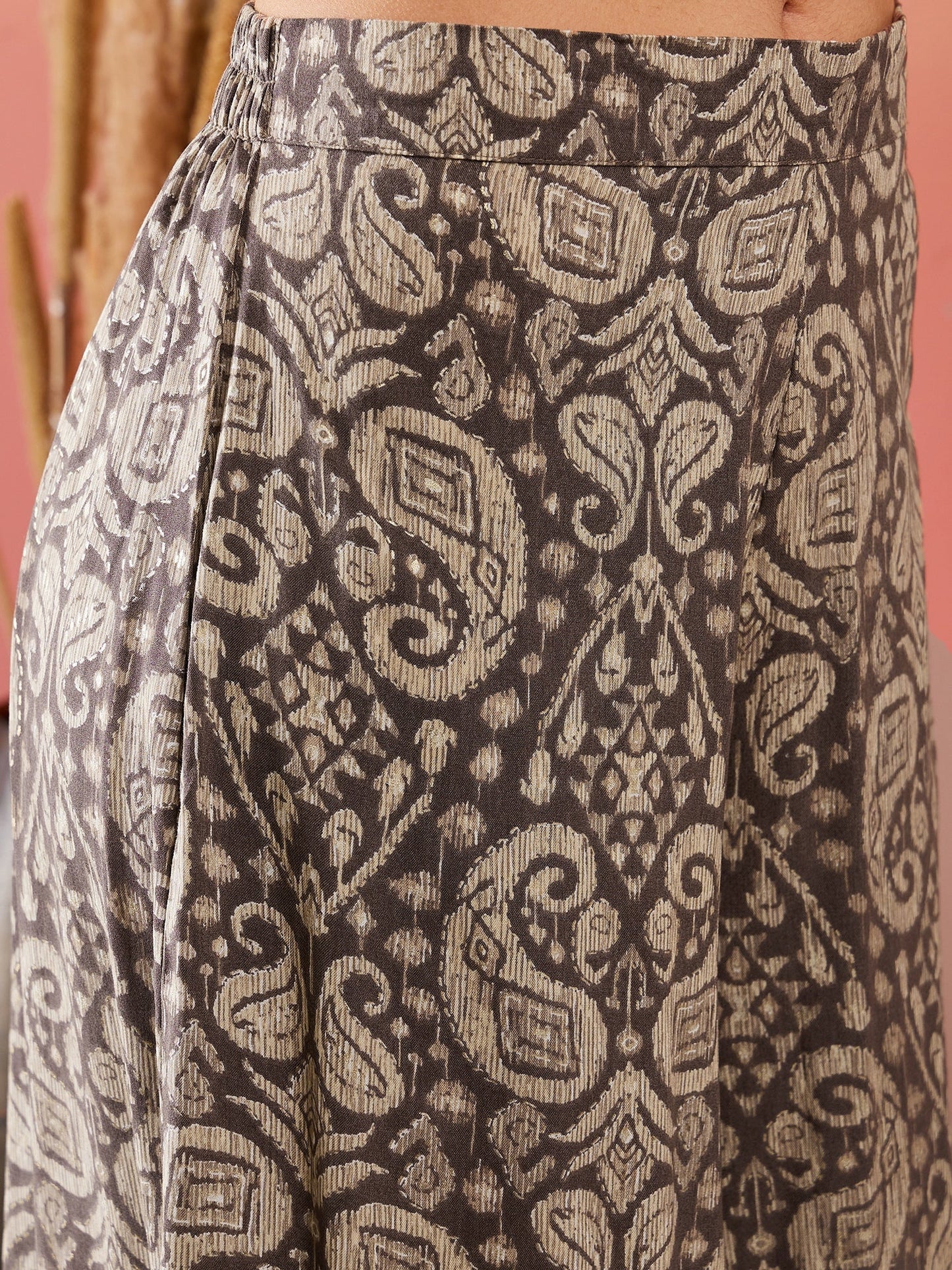 InWeave Dull Brown Paisley Round Neck Kurta Short Palazzo Set - Distacart
