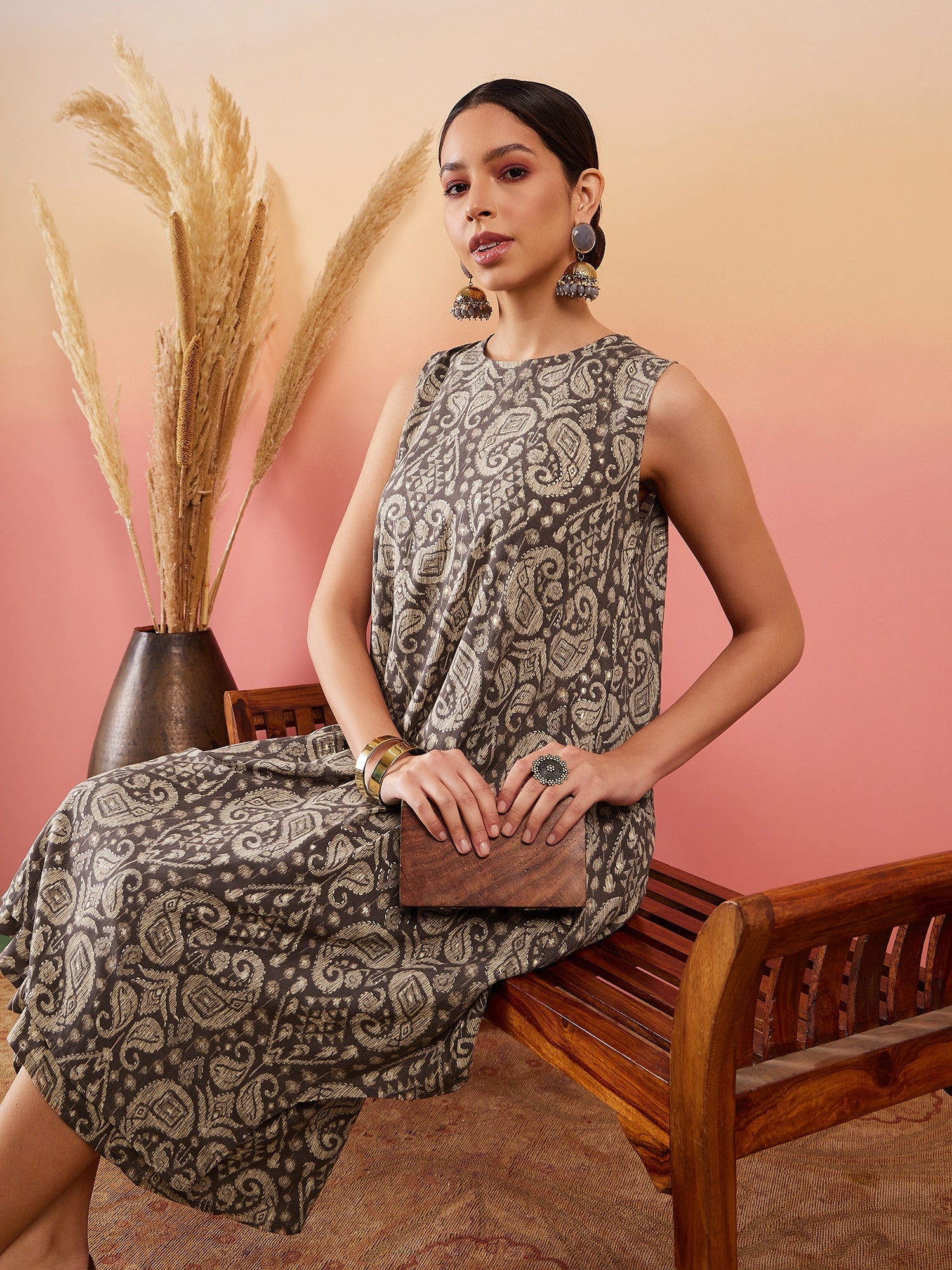 InWeave Dull Brown Paisley Round Neck Kurta Short Palazzo Set - Distacart