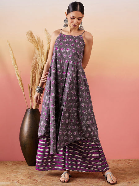 InWeave Iron Grey Floral Boota Print Strappy Printed Palazzo Set