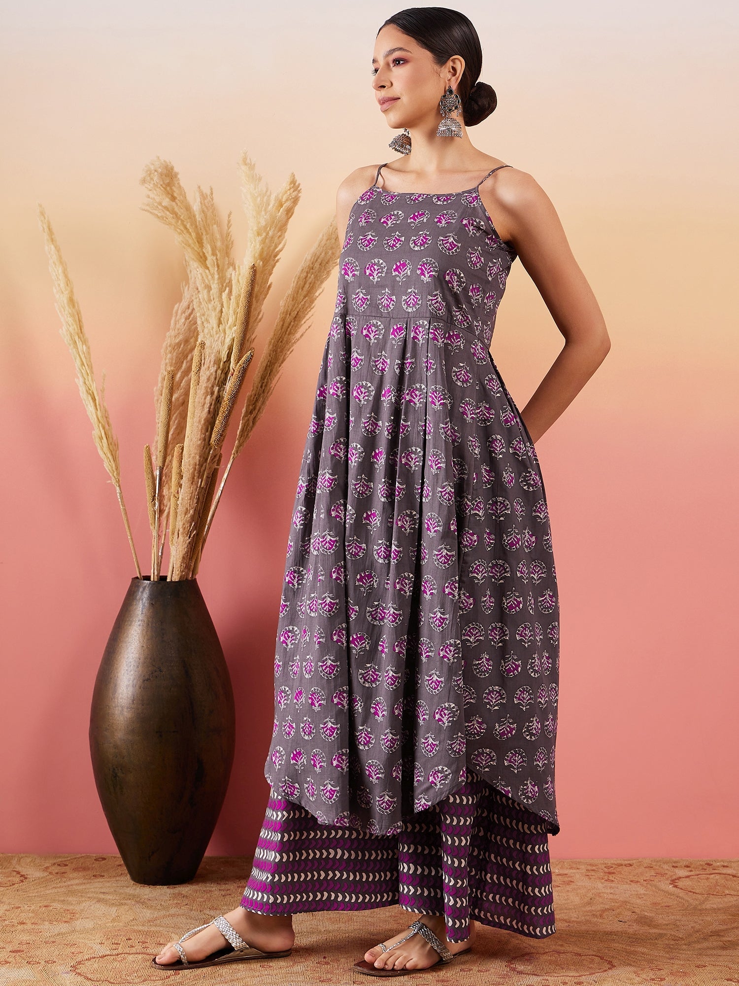 InWeave Iron Grey Floral Boota Print Strappy Printed Palazzo Set - Distacart