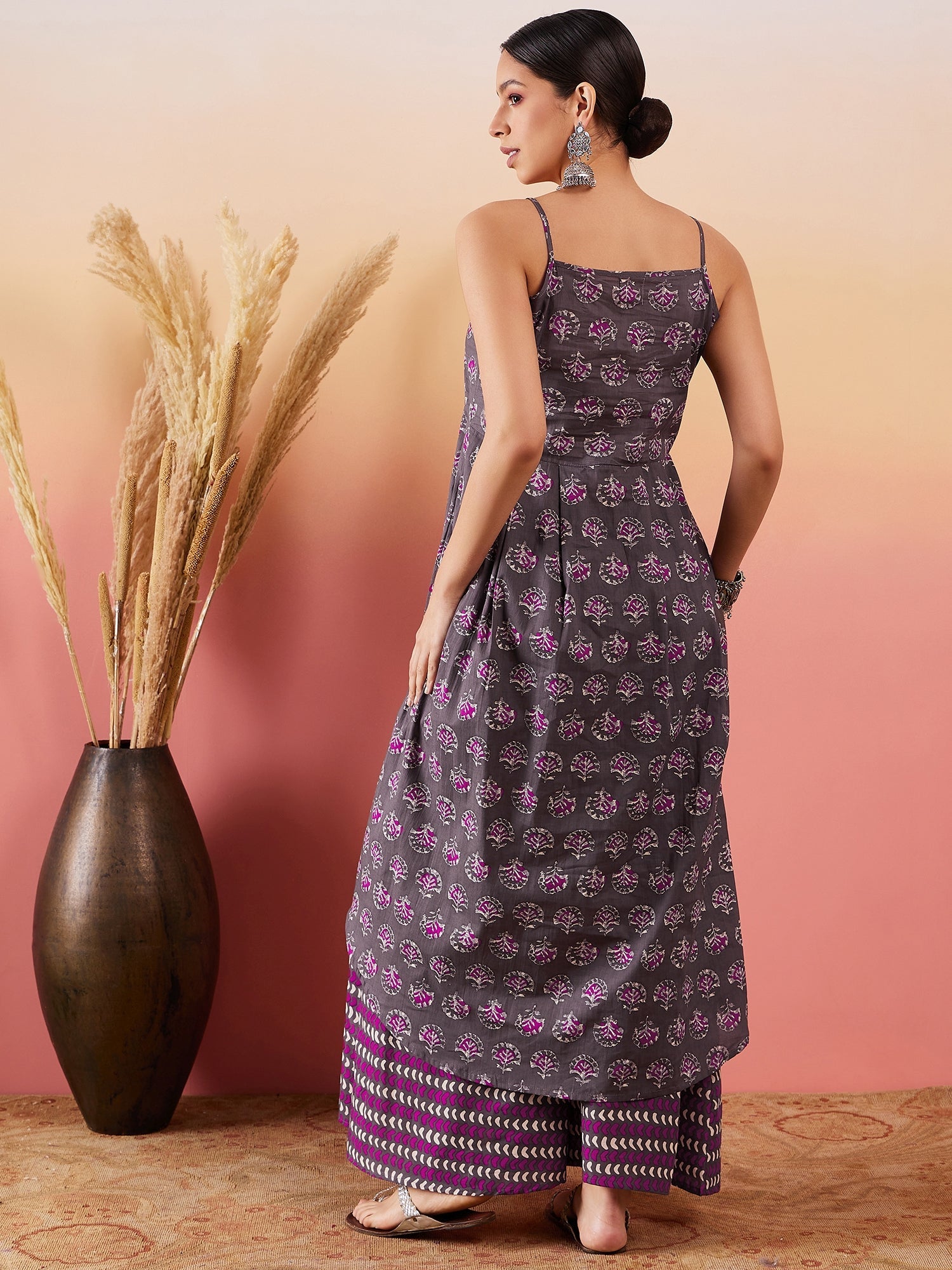 InWeave Iron Grey Floral Boota Print Strappy Printed Palazzo Set - Distacart