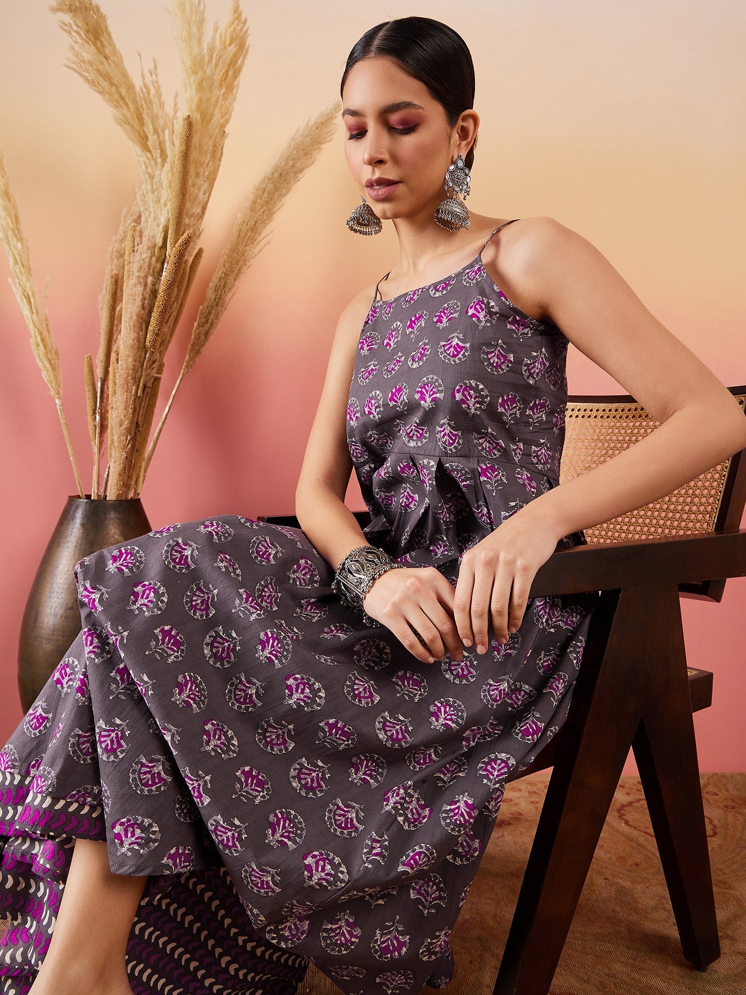 InWeave Iron Grey Floral Boota Print Strappy Printed Palazzo Set - Distacart