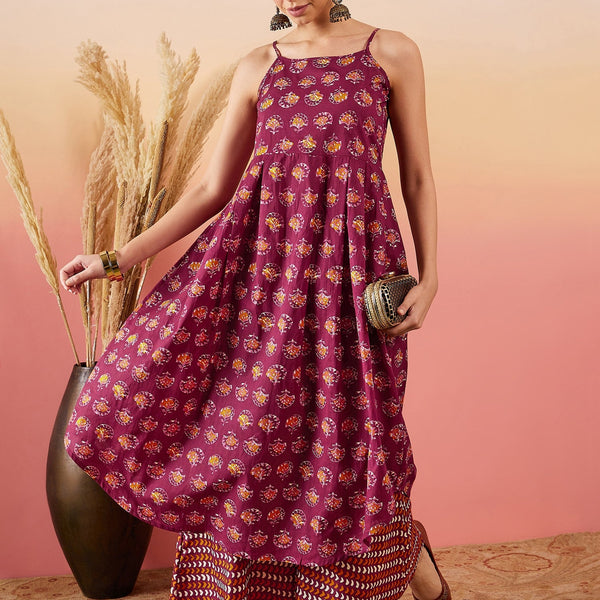 InWeave Burgundy Floral Boota Print Strappy Printed Palazzo Set - Distacart
