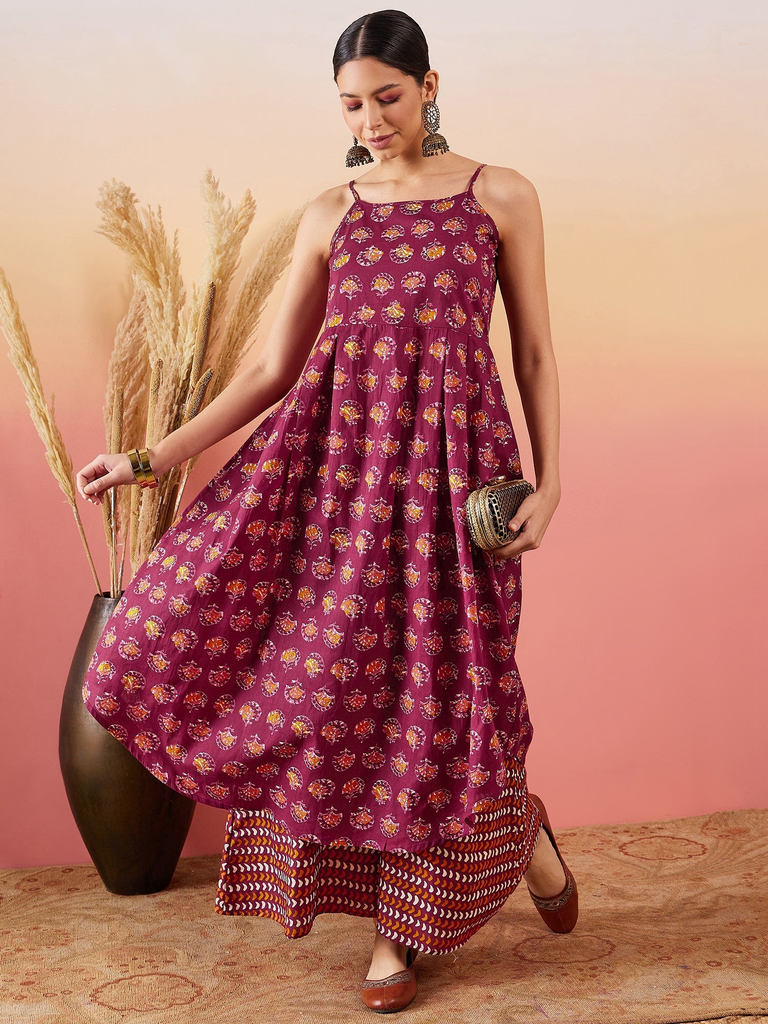 InWeave Burgundy Floral Boota Print Strappy Printed Palazzo Set - Distacart