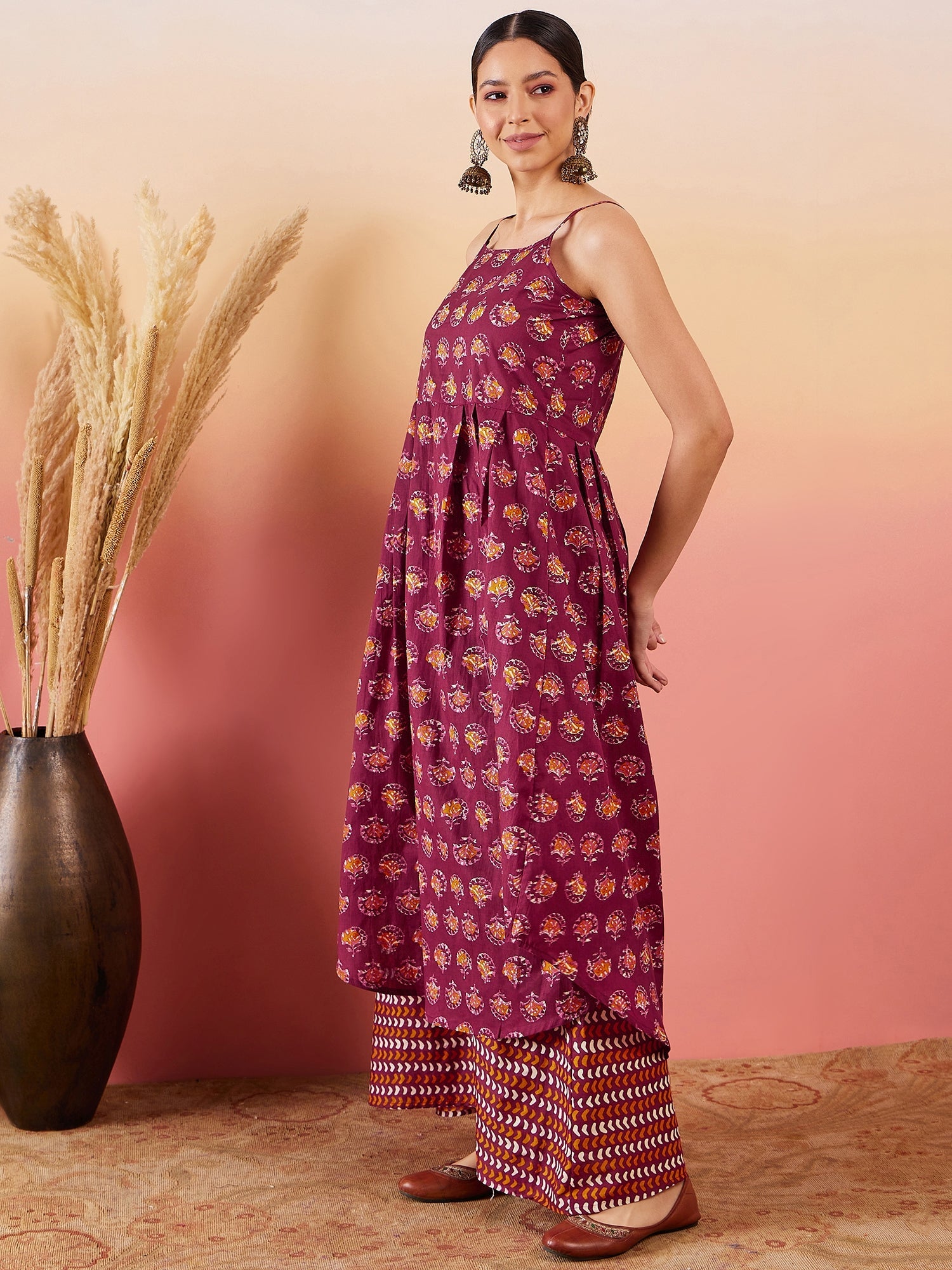 InWeave Burgundy Floral Boota Print Strappy Printed Palazzo Set - Distacart