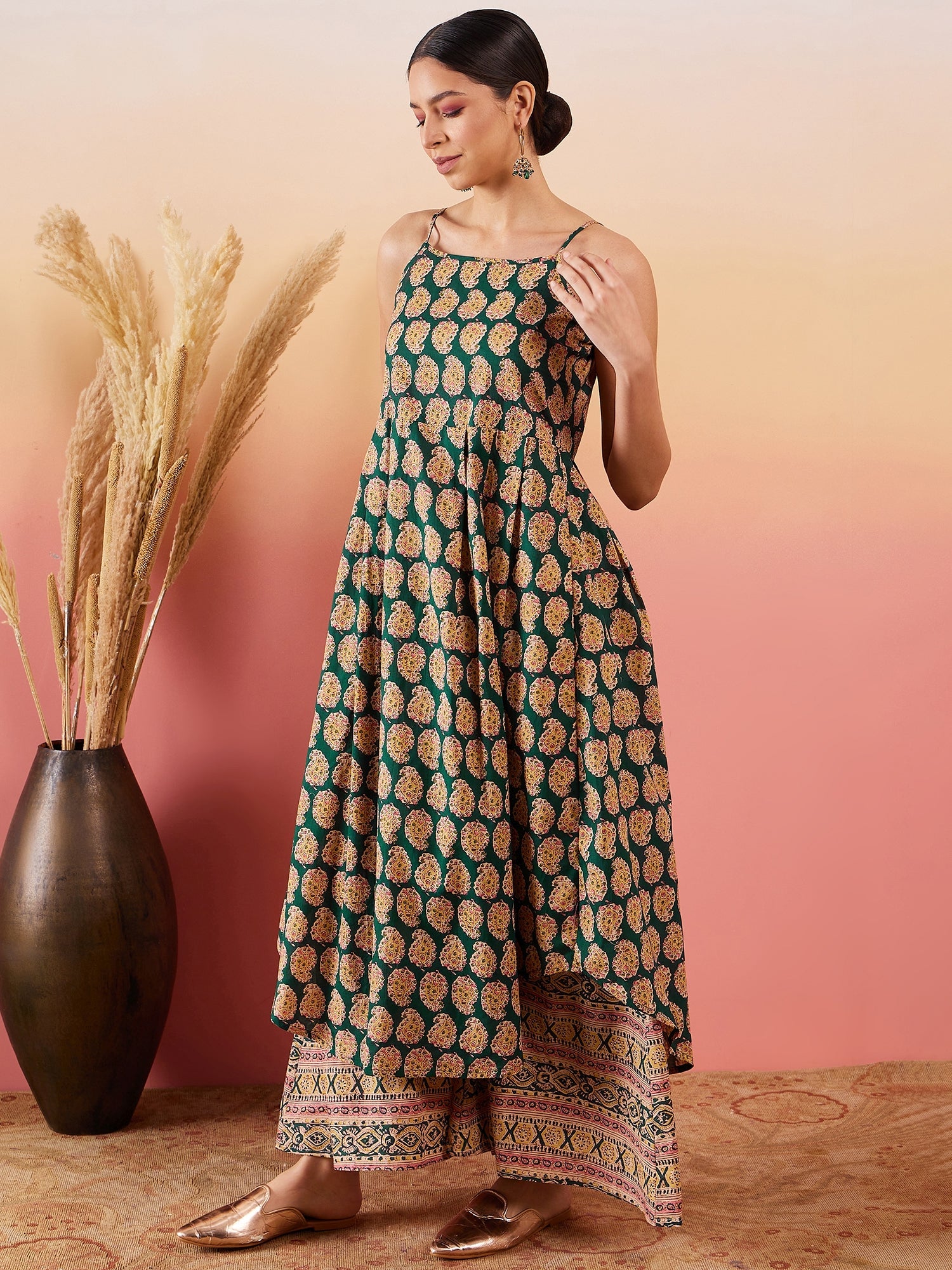 InWeave Dark Green Paisley Print Strappy Printed Palazzo Set - Distacart