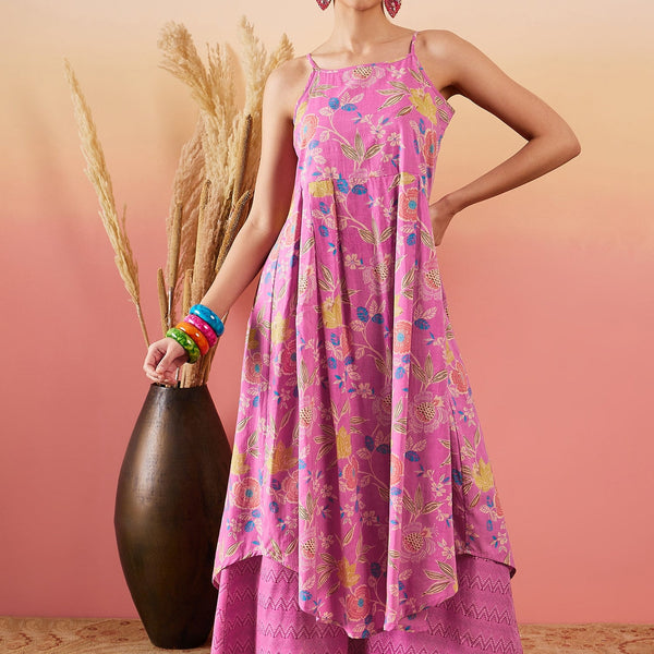 InWeave Dull Pink Floral Print Strappy Printed Palazzo Set - Distacart