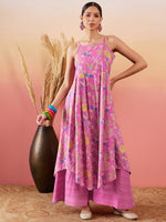 Thumbnail for InWeave Dull Pink Floral Print Strappy Printed Palazzo Set