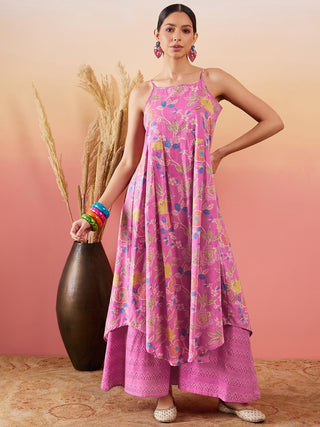 InWeave Dull Pink Floral Print Strappy Printed Palazzo Set - Distacart