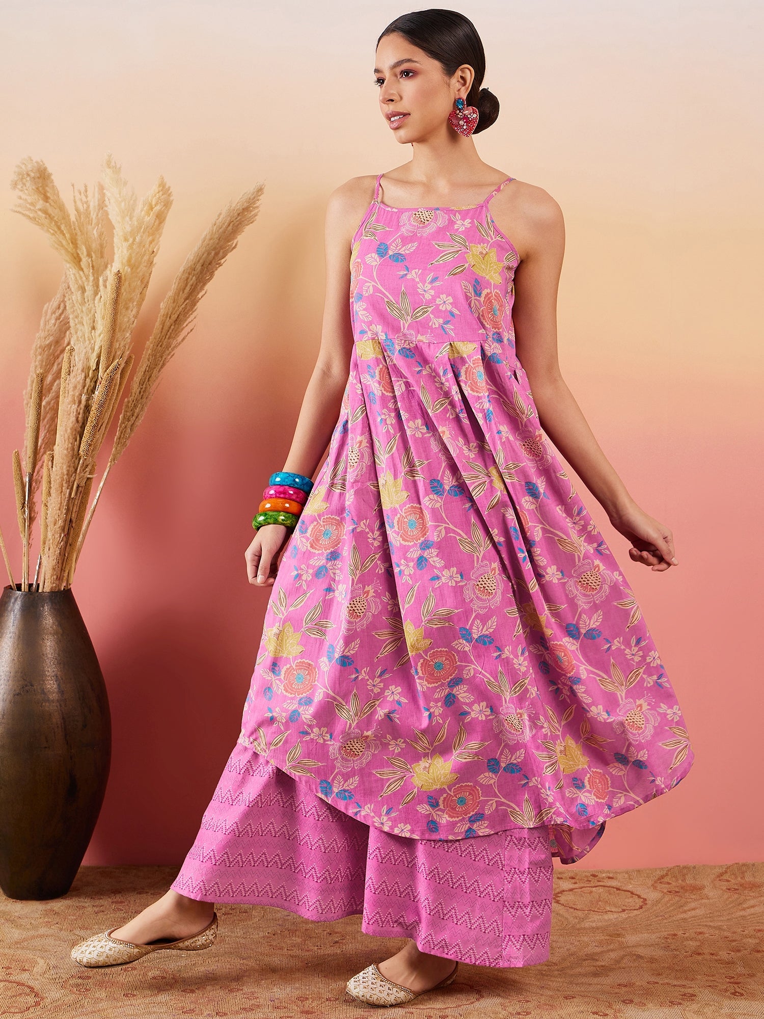 InWeave Dull Pink Floral Print Strappy Printed Palazzo Set - Distacart