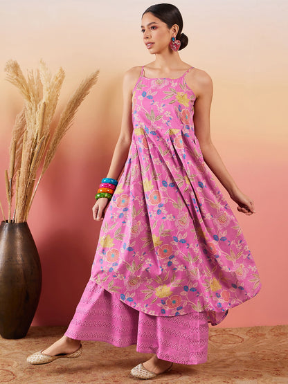 InWeave Dull Pink Floral Print Strappy Printed Palazzo Set - Distacart