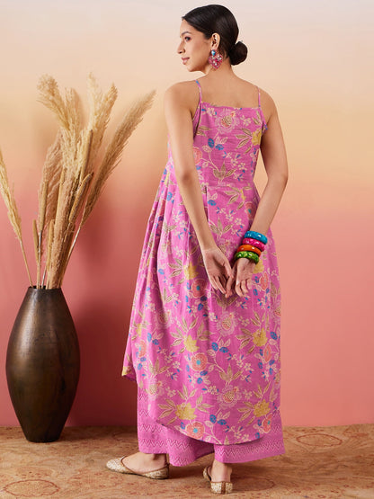 InWeave Dull Pink Floral Print Strappy Printed Palazzo Set - Distacart