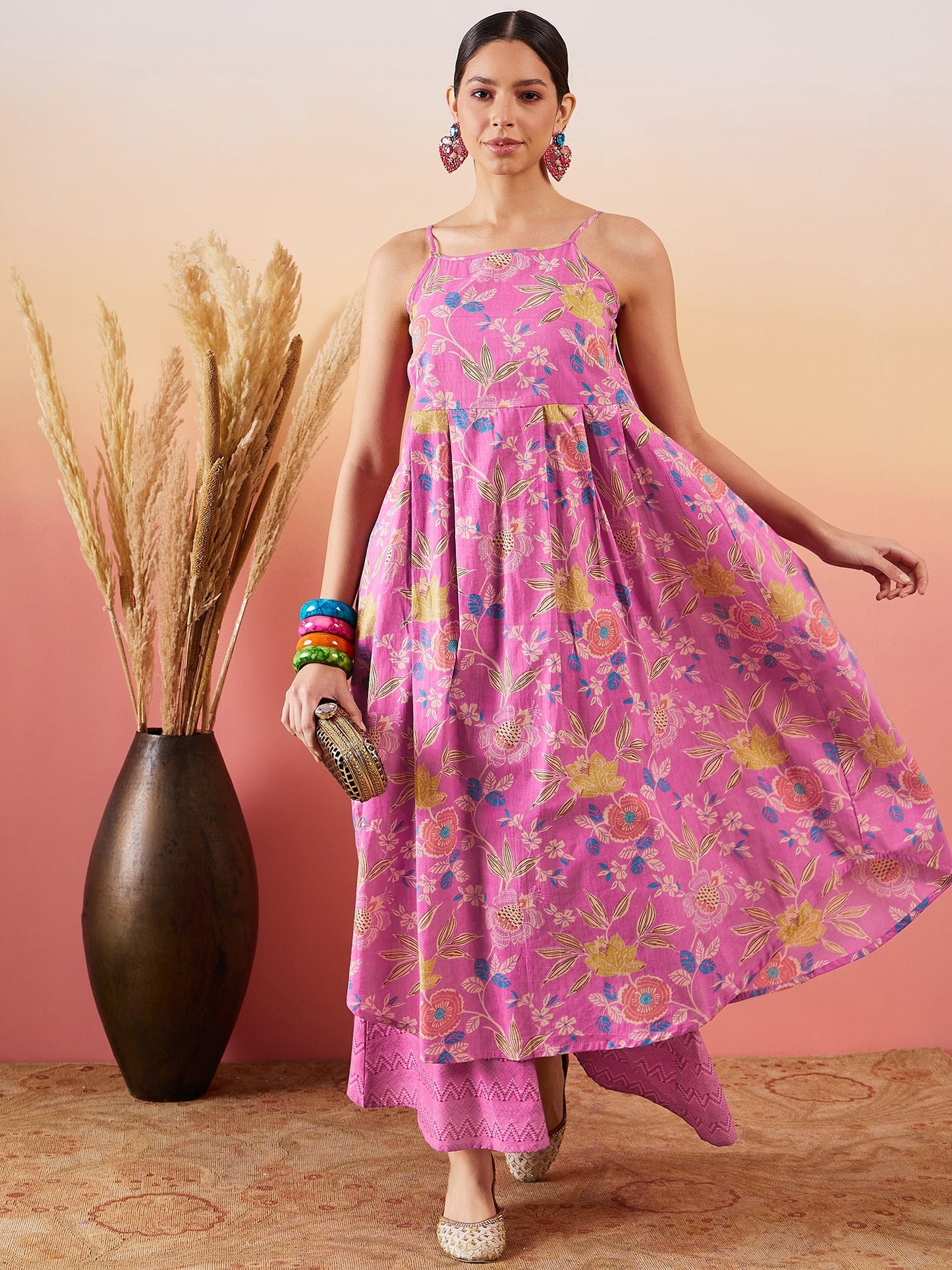 InWeave Dull Pink Floral Print Strappy Printed Palazzo Set - Distacart