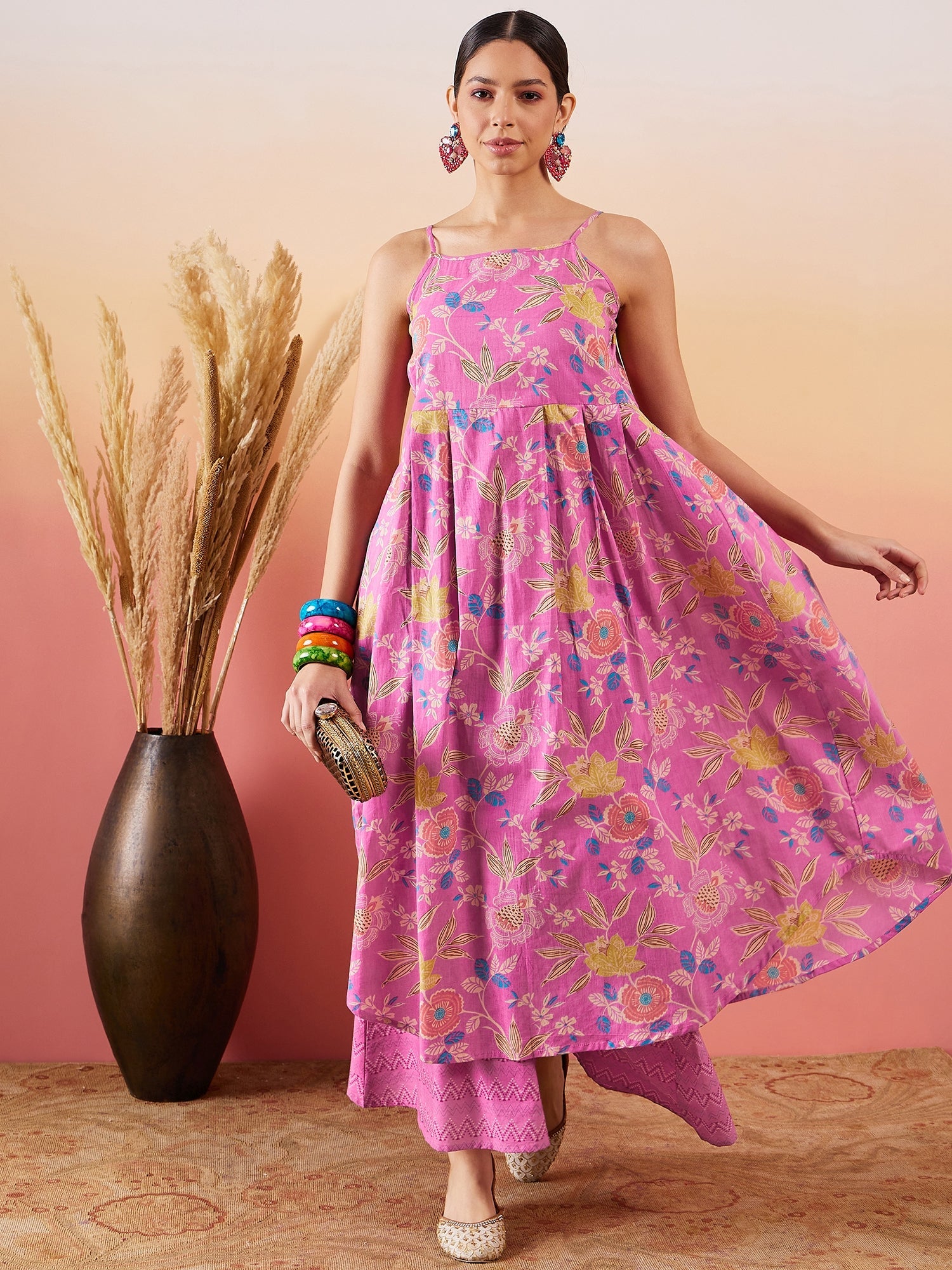 InWeave Dull Pink Floral Print Strappy Printed Palazzo Set - Distacart