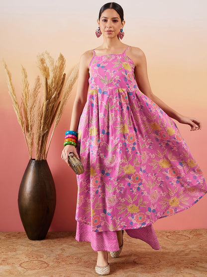 InWeave Dull Pink Floral Print Strappy Printed Palazzo Set - Distacart