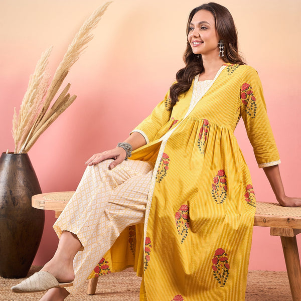InWeave Yellow Striped V Neck Lace Front Slit Kurta Pant Set - Distacart