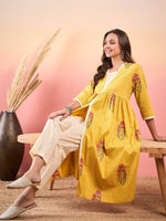 Thumbnail for InWeave Yellow Striped V Neck Lace Front Slit Kurta Pant Set