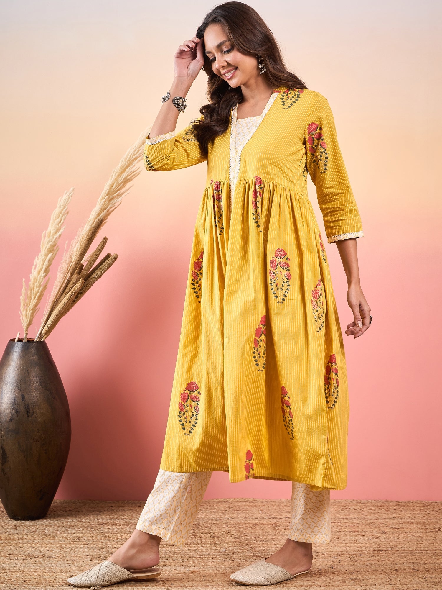 InWeave Yellow Striped V Neck Lace Front Slit Kurta Pant Set - Distacart
