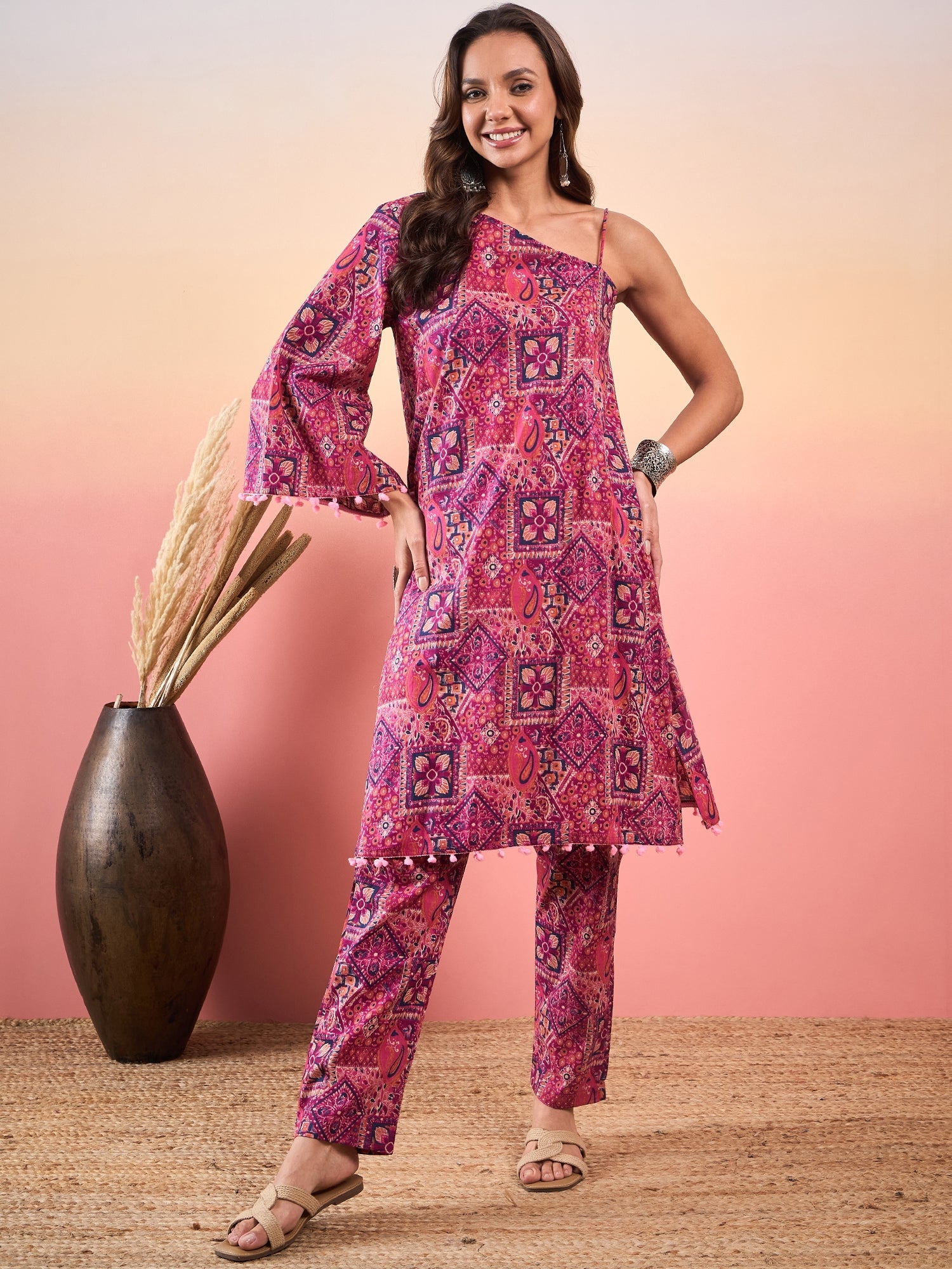 InWeave Pink Violet Printed One Shoulder Strapp Kurta Set - Distacart